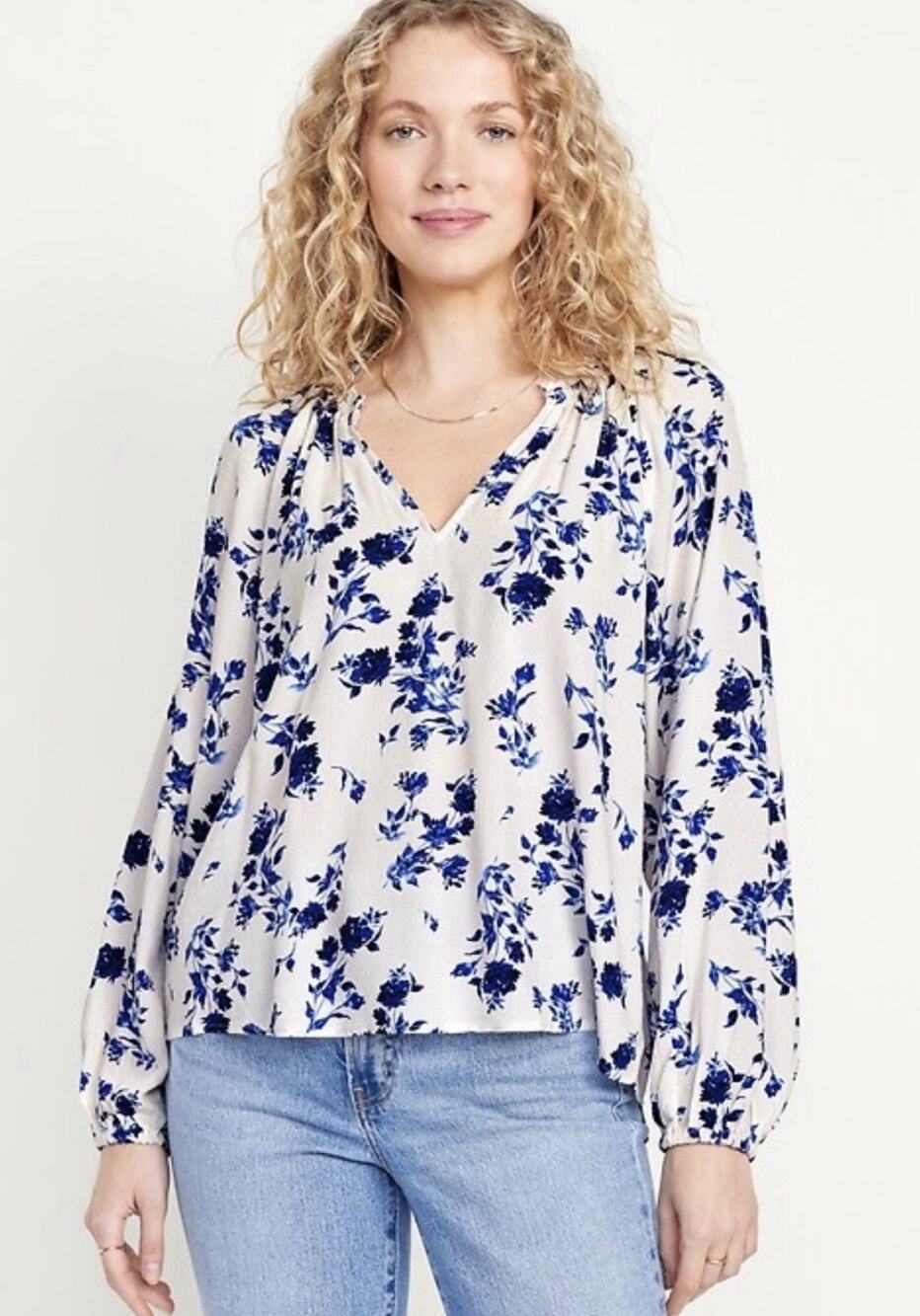 Old Navy Women Babydoll Top XL Blue Floral Puff Sleeve Boho victorian feminine